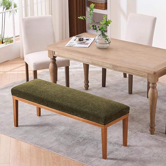 Rowill 53 Inch Long Entryway Bench for Bedroom End of Bed, Dining Room Bench with Upholstered Padded Seat and Solid Wood Leg for Kitchen, Living Room, Indoor and Hallway, Green