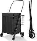 Folding Shopping Cart with Waterproof Liner, Grocery Cart Large Bag with Top Cover, 200 Lb Capacity, Utility Cart with 360° Rolling Swivel Wheels, Medium & Extra Basket