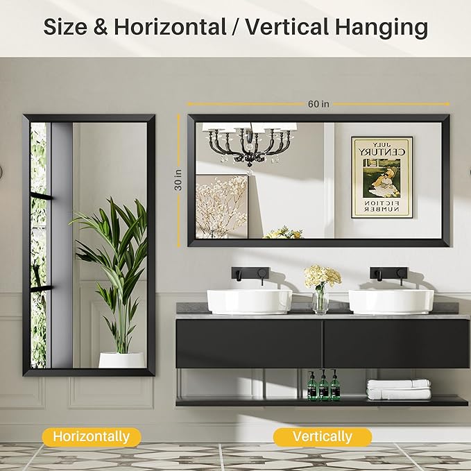 60x30 Inch Black Bathroom Mirror for Wall, Thick Metal Framed Rectangle Mirrors for Over Sink, Bedroom, Living Room, Entryway, Anti-Rust, HD Tempered Glass
