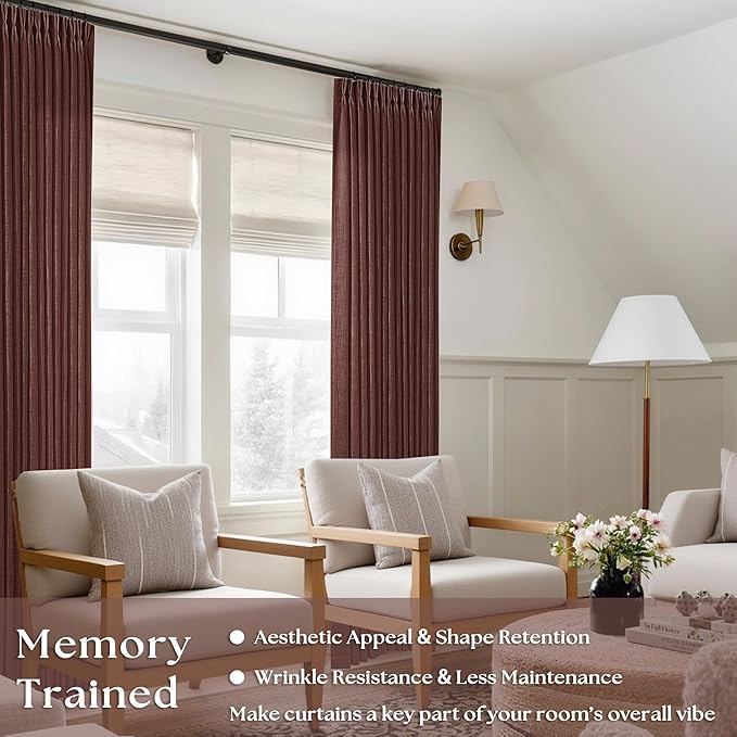 Dark Terracotta 80 Inch Pinch Pleated Linen Curtains 2 Panel Set for Living Room Thick Linen Drapes 80 Inches Long Pinch Pleat Drapes Semi Sheer Curtain for Dining Bedroom Office Maroon Red Brown