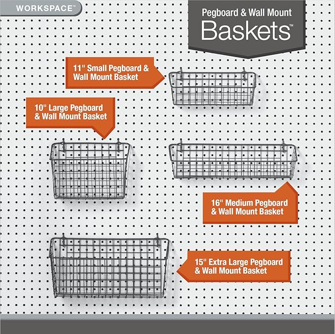 Spectrum Pegboard & Wall Mount Wire Basket Small (Industrial Gray) - Storage & Organizer for Garage, Tools, Shed, Home, Work Bench, Crafts, & More