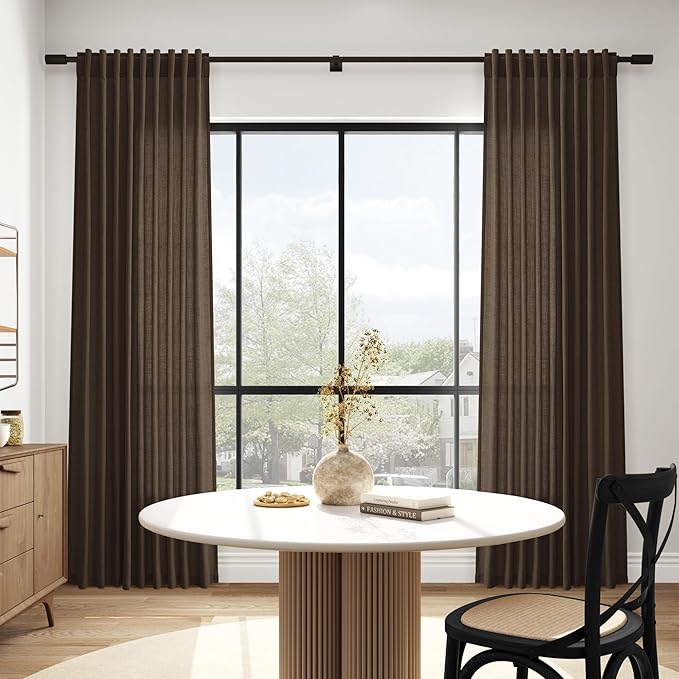 Nanspring Chocolate Linen Blend Light Filtering Back Tab Curtains 102 Inches Long, Semi Sheer Privacy Drapes for Living Room & Bedroom, 52x102 inch, 2 Panels