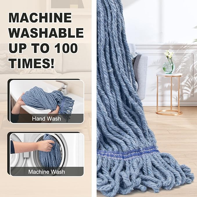 Commercial Industrial Mop with 3 Extra Large Reusable Replacement Head,59" Long Handle Heavy Duty Wet Mops,Looped-End String Cotton Mop for Floor Cleaning,House,Kitchen,Office,Garage,Tile