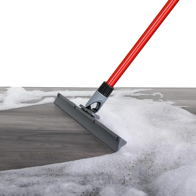 Heavy Duty Floor Squeegee for Concrete and Tile Floor - Silicone Squeegee Broom Floor Scrubber - Large Single Cast Rubber Blade Aluminum Long Handle 360° Swivel Joint - Garage Shower Window Cleaning
