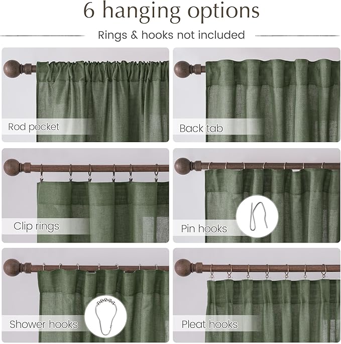 NICETOWN Thick Linen Blend Semi Sheer Forest Green Curtains, Pleat Tape Privacy Added Drapes with Light Filtering Window Treatments for Bedroom/Living Room, W52 x L95, 2 Panels
