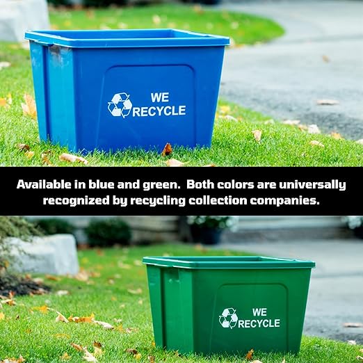 Curbside 18 Gallon Blue Recycling Bin with Carrying Handles for Homes or Businesses to Put on The Curb for Recycling - Two Bins - Blue