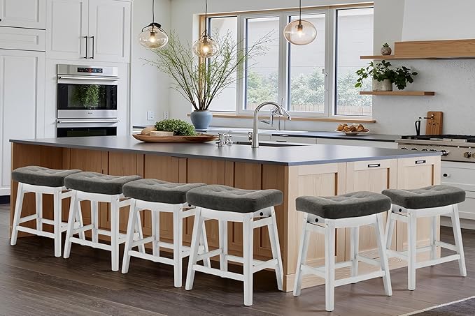 Counter Height Bar Stools Set of 6 for Kitchen Counter Farmhouse Modern Barstools with Faux Leather Upholstered Backless Seat and Solid Wood Legs 24 inch Bar Chairs, Grey + White
