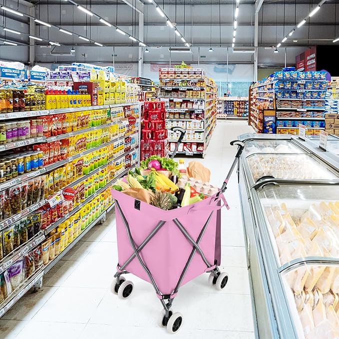 Goplus Folding Shopping Cart with Wheels, Grocery Cart with Removable Oxford Cloth Liner, Lightweight Utility Cart for Groceries Laundry, Pink