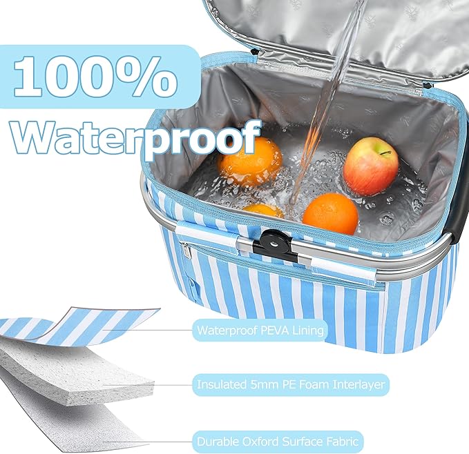 Tirrinia Large Insulated Picnic Basket, 34L Water Resistant & Leakproof Collapsible Portable Cooler Basket Set with Aluminium Handle for Travel, with a Free Foldable Grocery Bag, Blue Strip