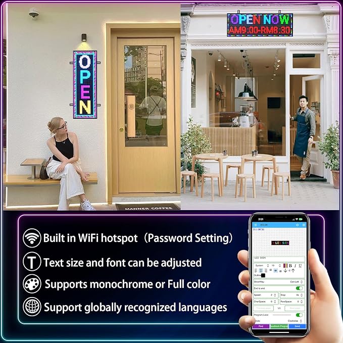 Led Sign Custom Programmable Scrolling Outdoor Digital For Business Matrix Panel Electronic Message Board Display Screen Waterproof Ip65 Wifi/App Control 96x32 Rgb Matrix, 39"X14"