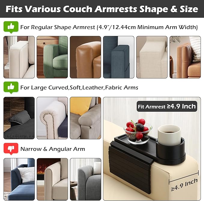 Couch Cup Holder Tray, 15.75" Bamboo Cup Holder for Couch, 3 in 1 Foldable Arm Chair Clip on Side Tray Table for Remote Snack Table on Armrest