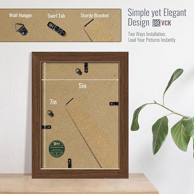 VCK 5x7 Picture Frame 5 Pack - Brown, High-End Wood Poster Frames with Tempered Glass, Display 4x6 Photo with Mat or 5x7 without Mat, Art Gallery-Quality, Wall Hanging/Tabletop, Brown