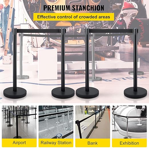 VEVOR Crowd Control Stanchion Set, Stanchion Set with 6.6 ft/2 m Black Retractable Belt, Black Crowd Control Barrier w/Concrete and Metal Base - Easy Connect Assembly (4)