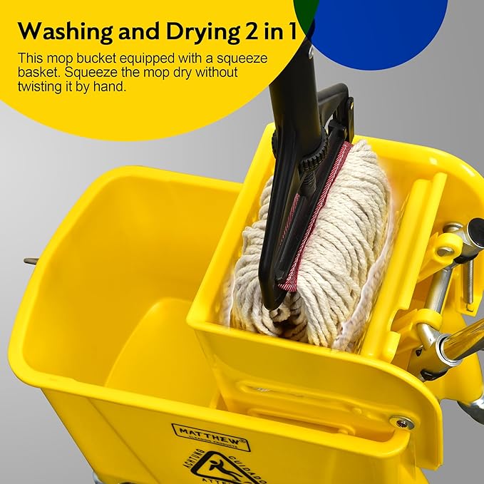 Matthew Cleaning 22 Quart Compact Mop Bucket INCL.2 Pack Mop Head with Side Press Wringer On Wheels,Tandem Portable Floor Cleaning Wavebrake,Ideal for Household,Industrial,Restaurant,Janitorial Use