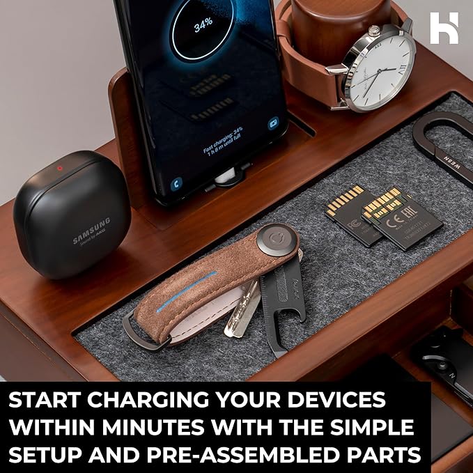 Holme & Hadfield Premium Wooden Phone Docking Station with Drawer – Nightstand Organizer for Charging Phone & Earbuds – Declutter Your Space with Felt-Lined Protection & Watch Pillar - Gift For Men