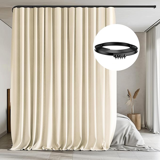 Room Divider Curtains with Flexible Ceiling Tracks Set,Blackout Curtain Ceiling Mount Curtain Track Privacy Room Dividers Ceiling Track Curtain Rod(Beige Drape & Black Rail W 15 × H 8 FT)