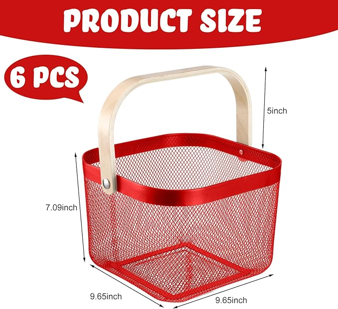 Roshtia 6 Pcs Metal Mesh Steel Basket with Handle, Square Wire Harvest Thanksgiving, Shopping Baskets for Retail Store Christmas Garden Bathroom Kitchen(9.65 x 9.65 x 7.09 Inch,Red)