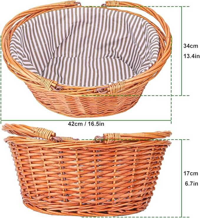 Large Wicker Picnic Basket with Double Folding Handles and Grey Lining, Wicker Basket, Large Willow Hamper, Handwoven Basket for Storage, Picnic, Camping