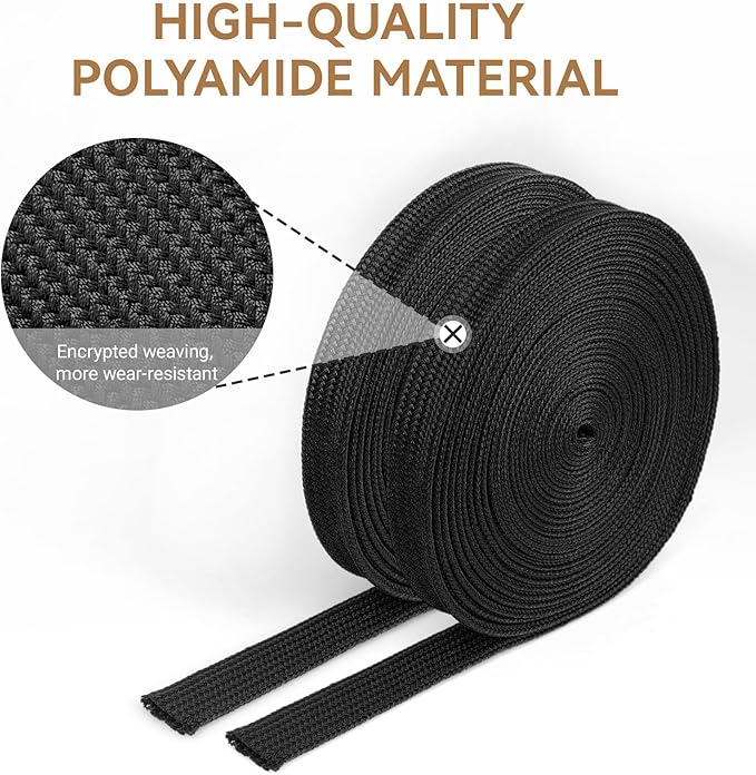 Polyamide Cable Sleeve, 10ft Flexible Expandable Braided Sleeving, Cable Management Sleeve for TV Computer Office Home Entertainment (Black, 3/8")