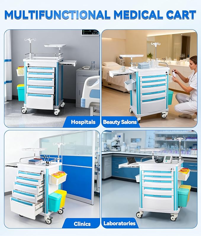 Medical Medical Rolling Crash Cart with CPR Board, IV Pole, O₂ Holder, 5 Drawers & Dividers, Mobile Emergency Cart for Hospital Clinic, 24.4" W x 18.5" D x 36.2" H (with 5 Drawers)