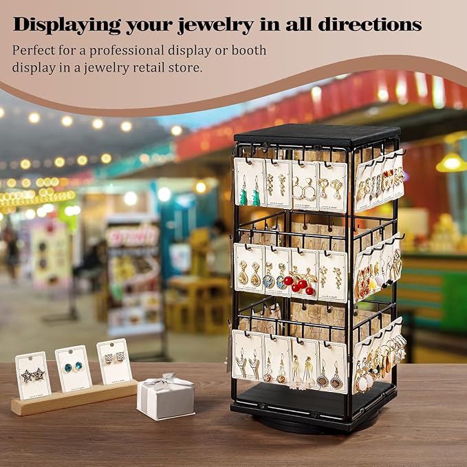 360 Rotating Earring Display Stands for Selling, Earring Rack Display Holder Stand, Jewelry Display for Vendors Selling Earring Cards, Necklaces, Bracelets, Hair Accessories (48 Hooks)