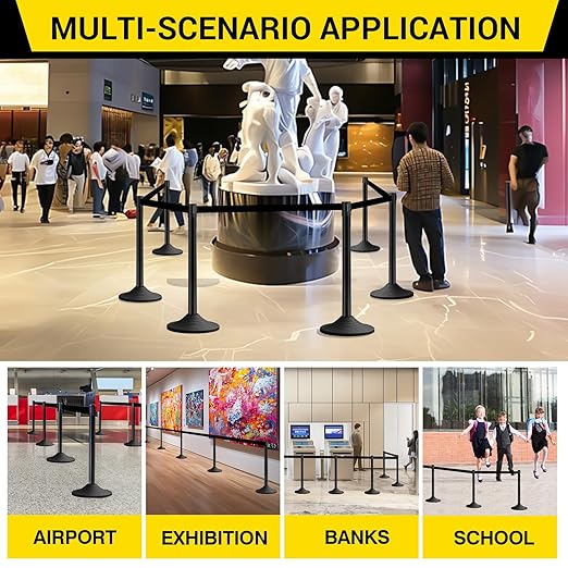 10 ft Crowd Control Stanchion Set, Crowd Control Barrier, Stanchions with Retractable Belts & Base, Retractable Stanchions, Queue Management Stanchion (6 Pack) (Black)