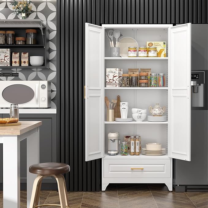 75" Kitchen Pantry Cabinet with Drawer, Metal Storage Cabinets with Doors and 4 Adjustable Shelves,White Kitchen Cabinet with 2 Gold Handles,Food Cupboard for Livingroom,Pantry, Bathroom