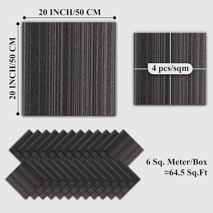 24 Tiles 20 X 20 Inch Carpet Tiles Floor, Carpet Squares for Living Room Bedroom Office, Stripe Dark Grey (64.5 Sq.Ft per Box)