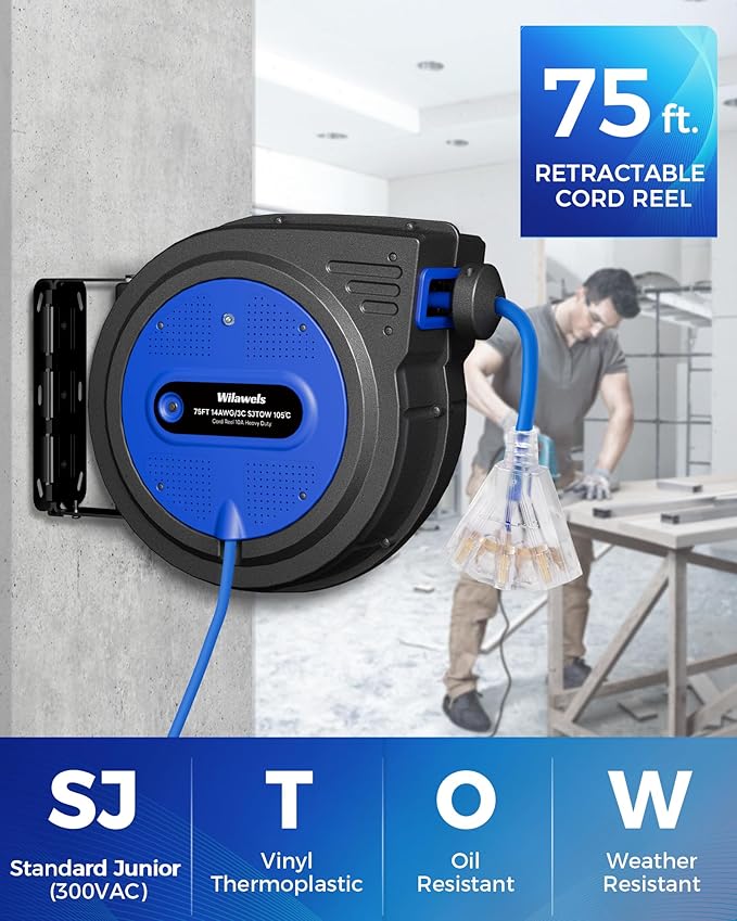 75 FT Retractable Extension Cord Reel, Heavy Duty Extension Cord, 14AWG/3C SJTOW, 3 Grounded Outlets Lighted Triple Tap, 10A Circuit Breaker, Wall/Ceiling Mounted, ETL Listed, Blue U75ACR06