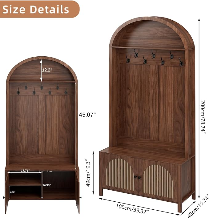 Hall Tree with Bench and Shoe Storage, 78.74" Entryway Storage Bench with 7 Hooks and 2 Adjustable Shelves,Arch Coat Rack Freestanding Retro Hall Tree Organizer for Hallway,Mud Room,Entryway (39.37"W)