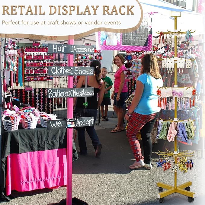 Retail Display Stand 5 Tier Metal Spinning Display Rack with Wheels Keychain Jewelry Stocking Hat Display Stand with Hooks for Malls, Showroom, Retail Store (Gold)