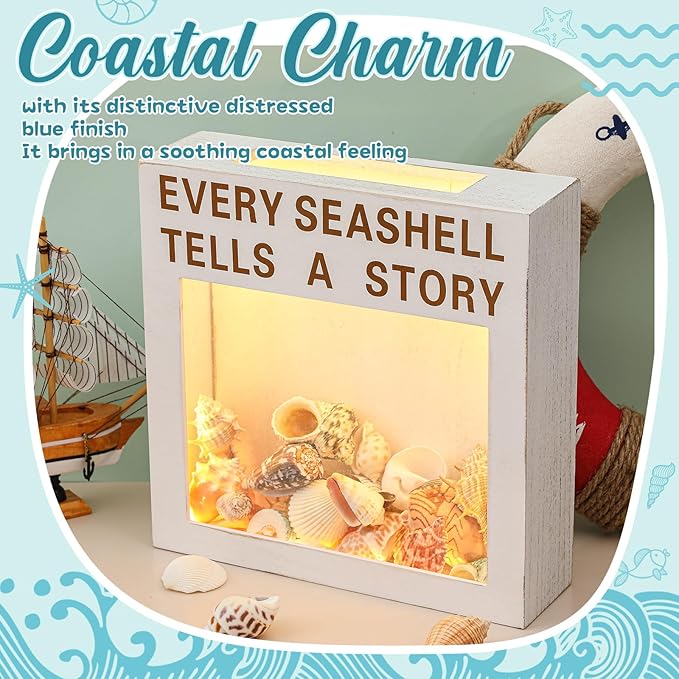 Juexica Seashell Holder with Light Display Box Room Decor Ocean Themed Gifts for Christmas Display Case Sea Shells Beach Coastal Decor Acrylic Wall Hanging(White,Seashell)