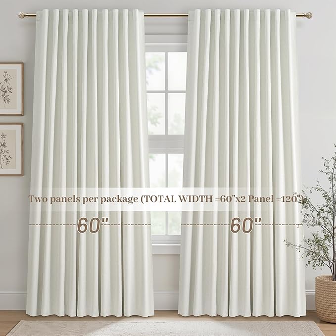Cute Blackout Curtains 60 Inches Extra Wide Linen 84 Inch Length for Living Room/Sliding Glass Door,Pleated Heavy Duty Thermal Drapes for Winter Thick Large Window(60"Wx84"L 2 Panels Beige White)