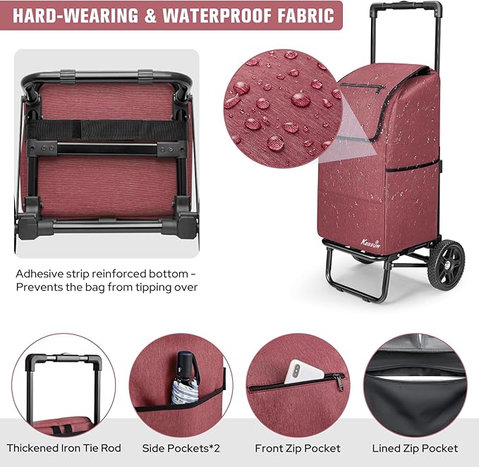 KEDSUM 2 in 1 Shopping Cart for Groceries, 330 lbs Grocery Cart on Wheels, Foldable Utility Carts with Wheels, Load-Bearing Hand Truck with Waterproof Bag for Shopping, Camping, Laundry, Garden, Red