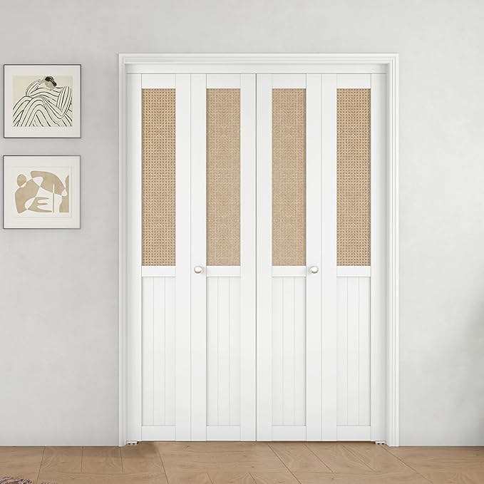 BARNER HOME Cane Bi-fold Doors - for 60in.（30in.x2） x 80in. Opening, Webbing & Wood Interior Door Slab, Including Hardware, MDF, White Folding Door for Wardrobe
