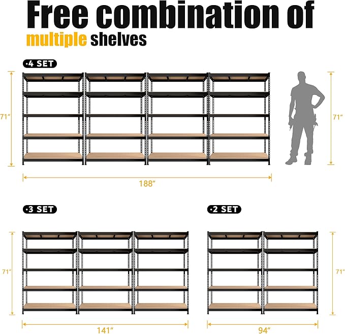 PrimeZone 48" W x 18" D x 72" H Garage Shelving Heavy Duty - Adjustable Metal Storage Shelves, 5 Tier Industrial Shelving Unit, Utility Shelf Rack for Basement, Warehouse, Pantry, Closet, Black