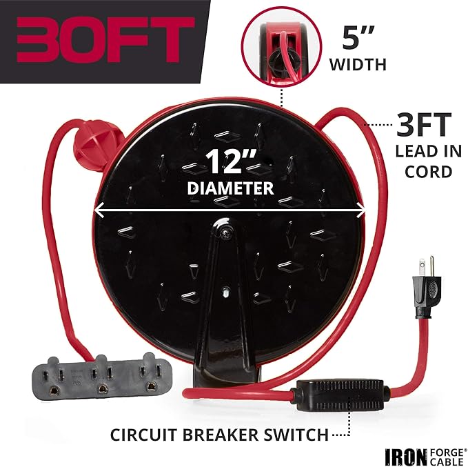 IRON FORGE CABLE 30Ft Retractable Extension Cord Reel with Breaker Switch & 3 Electrical Power Outlets - 16/3 SJTW Durable Red Cable - Perfect for Hanging from Your Garage Ceiling