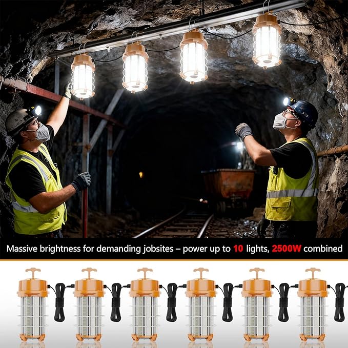 250W LED Temporary Work Light 37,500 Lumens Construction Lights 5000K Portable Linkable IP65 High Lumen Super Bright Durable Job Site Lighting with ON/Off Button for Indoor and Outdoor Area Lighting