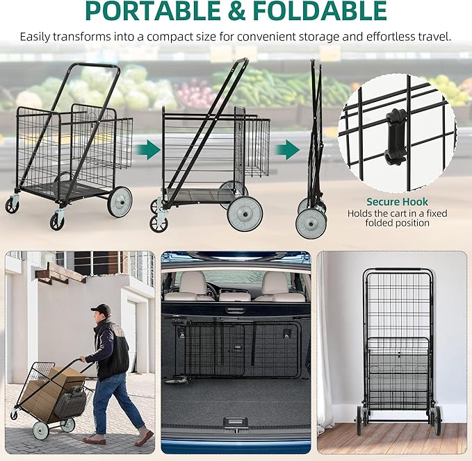 YITAHOME Folding Shopping Cart with Wheels, Rolling Foldable Grocery Cart with Rear Basket, Portable Collapsible Utility Cart with Reinforced mesh Bottom Panel for Shopping Groceries Laundry Storage