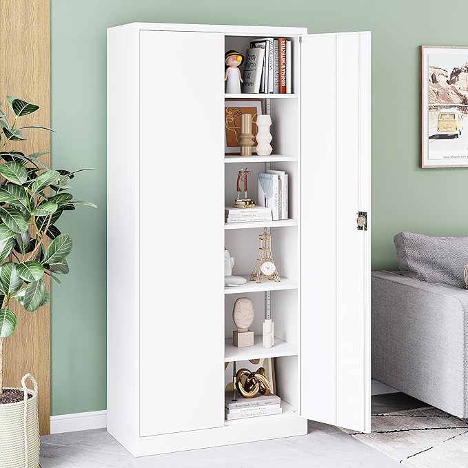 Metal Storage Cabinet with Lock,Lockable Garage Cabinet with 2 Doors and 5 Adjustable Shelves,Tall Steel Cabinets for Garage,Workshop,Gym,School