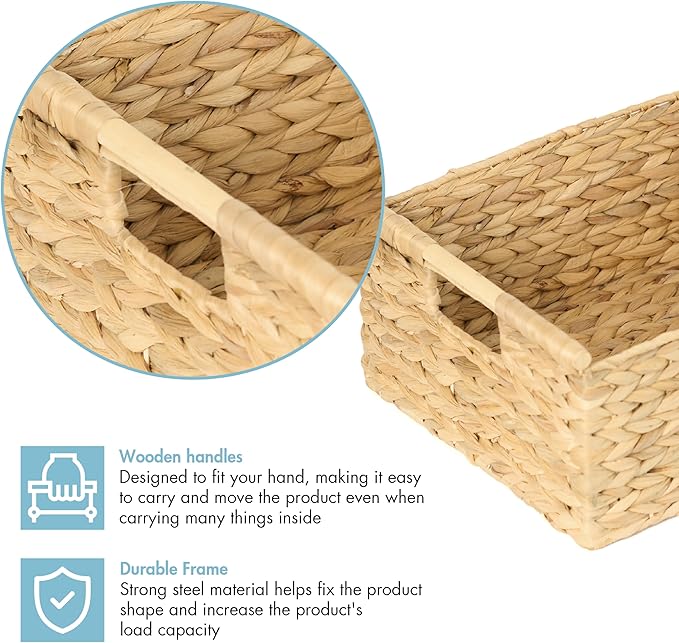 VATIMA Extra Large Wicker Basket Rectangular with Wooden Handles for Shelves, Water Hyacinth Basket Storage, Natural Baskets for Organizing, Wicker Baskets for Storage 16.7"x12.4"x7"
