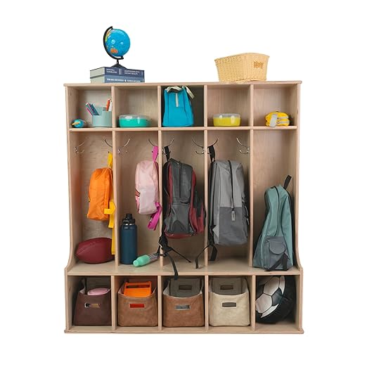 Factory Direct Partners 13141-NT Birch 5-Section Coat Locker with Bench, 5 Storage Cubbies and Coat Hooks - Natural