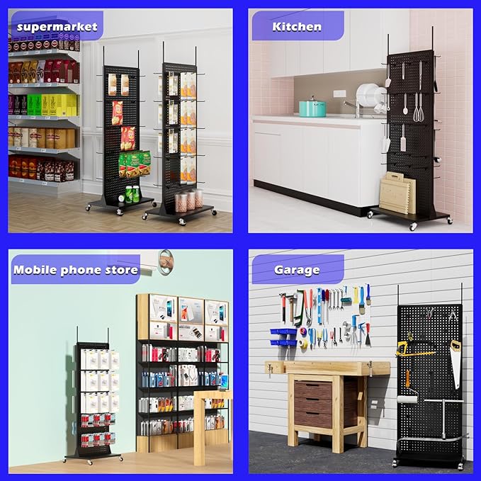 Metal Pegboard Panels - Double Sided Peg Board Shelving with 30 Hooks,63x23x15 in,Portable Peg Board Organizer for DIY, Kitchen Decoration,Mobile Phone Shop/Black