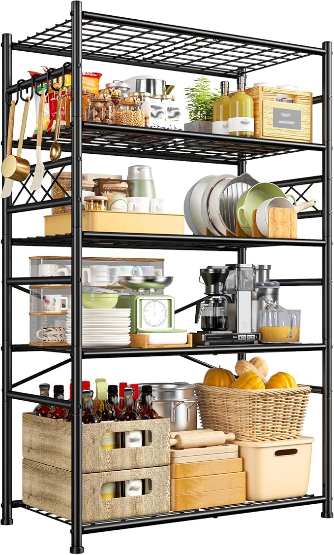 Storage Shelves 5-Tier Large Capacity Metal Shelving with Hooks, Heavy Duty Garage Shelving Unit with Leveling Feet, Stable Metal Shelves for Pantry, Kitchen and Closet, 72" H x 36" W x 12" D, Black