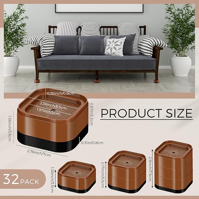 Ecally 32 Pack Furniture Risers Adjustable Bed Risers Desk Leg Risers 1.38" Stackable Heavy Duty Bed Lifts Risers Square Bed Raising Blocks for Mattress Table Leg Desk Chair Couch Sofa Dorm (Brown)
