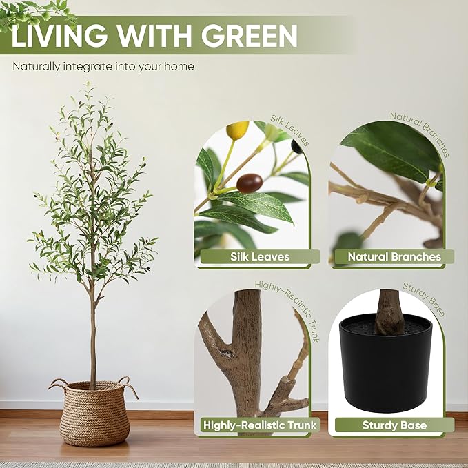 Artificial Olive Tree 6FT, Tall Faux Olive Trees for Indoor Outdoor, Realistic Potted Plant Natural Wood Trunk, Leaves and Fruits for Home Office Decor (1, 6FT)
