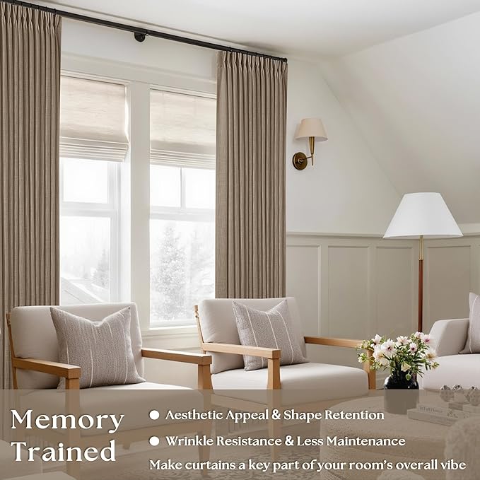 Tan Brown Linen Pinch Pleated Curtains 108 Inches Long 2 Panels for Living Room Bedroom Light Filtering Drapes 108 Inch Length Light Brown Latte Semi Sheer Memory Shape Trained Ceiling Floor Curtain