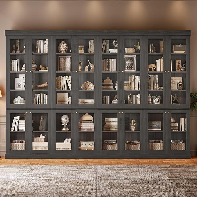 Vyre 70.8" Tall Black Bookshelf with Glass Doors, Farmhouse Modular Bookcase with 6-Tier Adjustable Shelves, Large Storage Cabinet for Home Office, Living Room