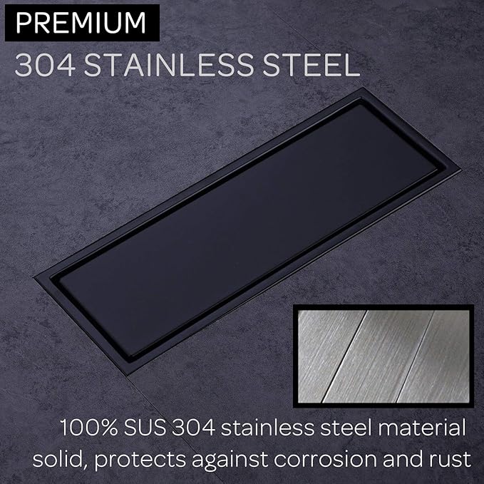 304 Stainless Steel Linear Shower Floor Drain with Tile Insert Grate Removable Cover 12 inch Long Rectangle, Matte Black Plated Finish
