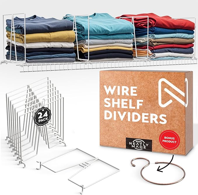 Tall White Wire Shelf Dividers for Closet Organization – Sturdy and Easy Set-Up Closet Shelf Dividers with Bonus Rose Gold Hanger (12 inch Wire Shelves, 24-Pack)